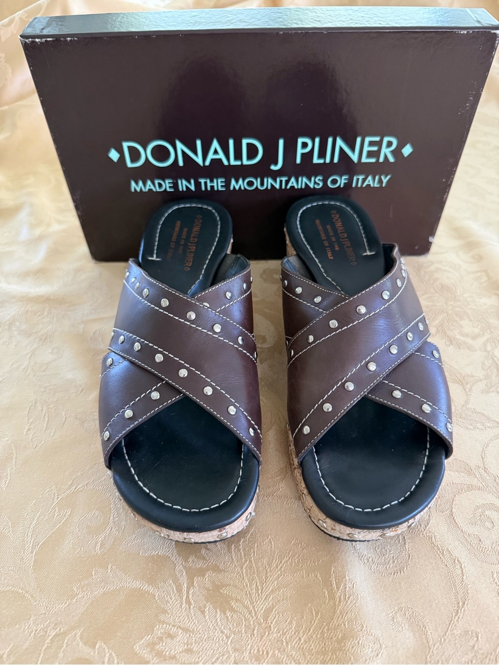 Donald J Pliner Brown Leather Studded Crossover Slide Sandals